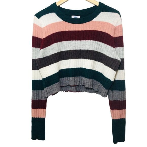 Old Navy Cropped Striped Colorblock Pullover Sweater Size Large - Picture 1 of 6